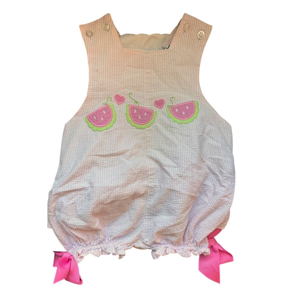 Vintage Bailey Boys Pink Seersucker Watermelon Bubble Romper 18M